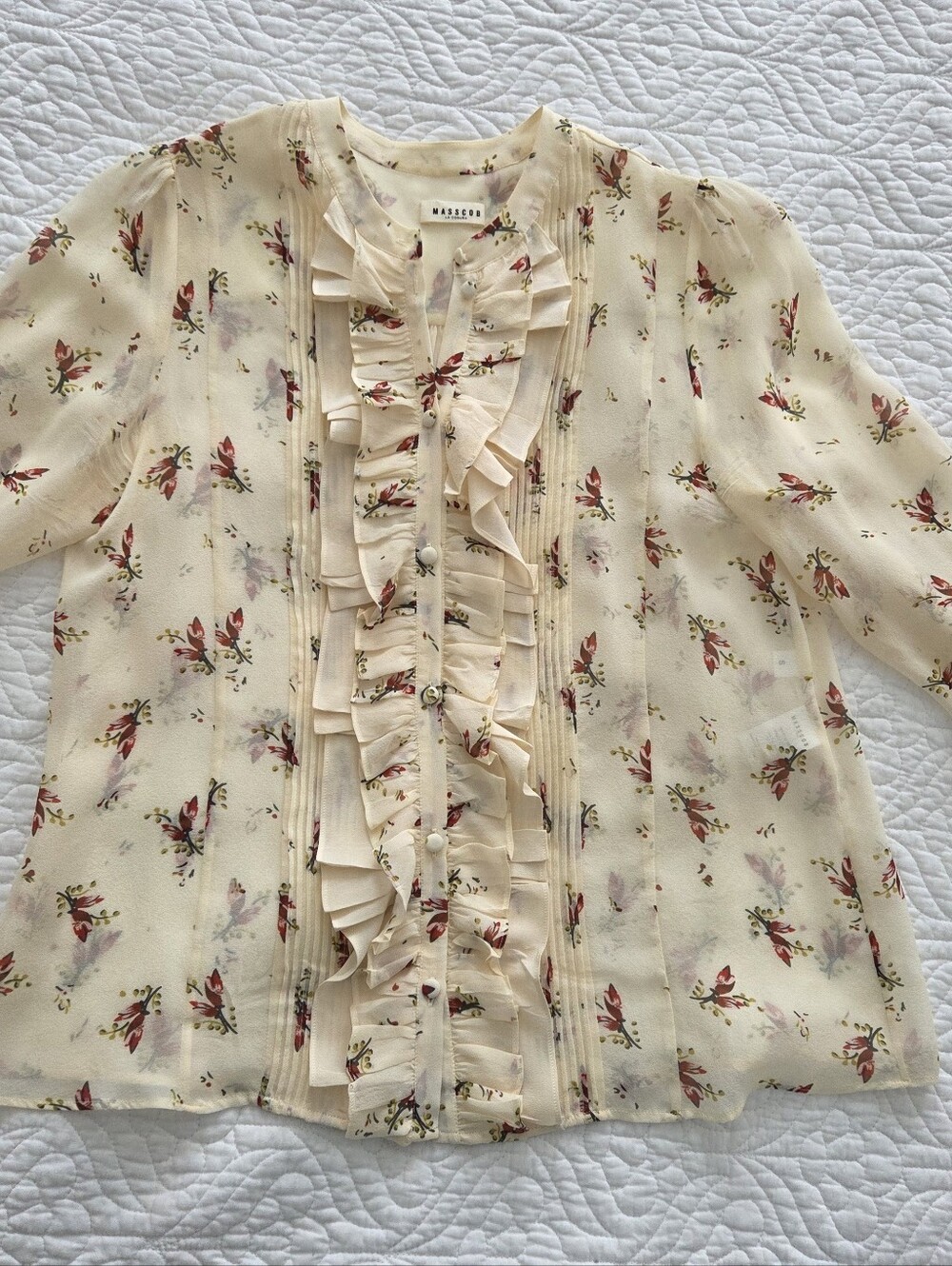 Masscob / Spain / Cream Ruffle Floral Blouse with Red and Green Motif